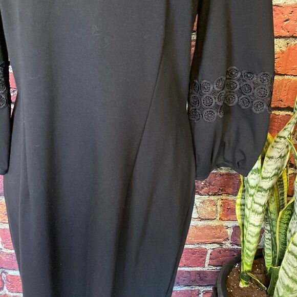 TALBOTS Black Midi Puff 3/4 Sleeves with Lace Details v-neck Dress Sz 8 - Picture 8 of 10